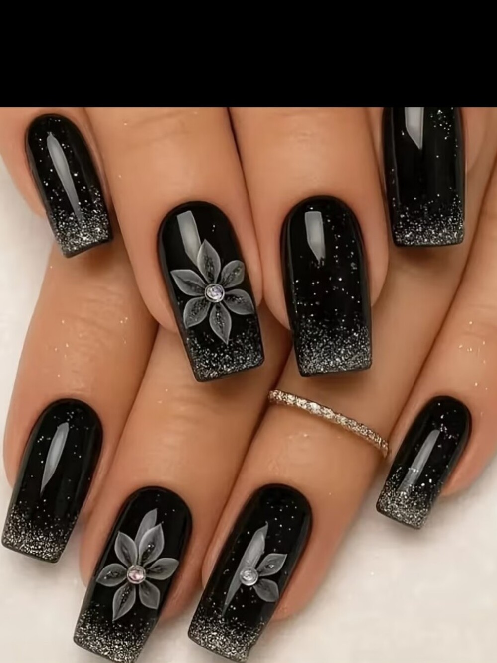 🔥3/$21 Black Glitter Ombre Nail Polish with Floral Accent Press On Nails
